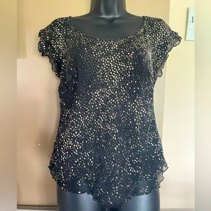 Talbots Silk Evening Top Gold/Black Diamond Print Short Sleeves Layered Size 10